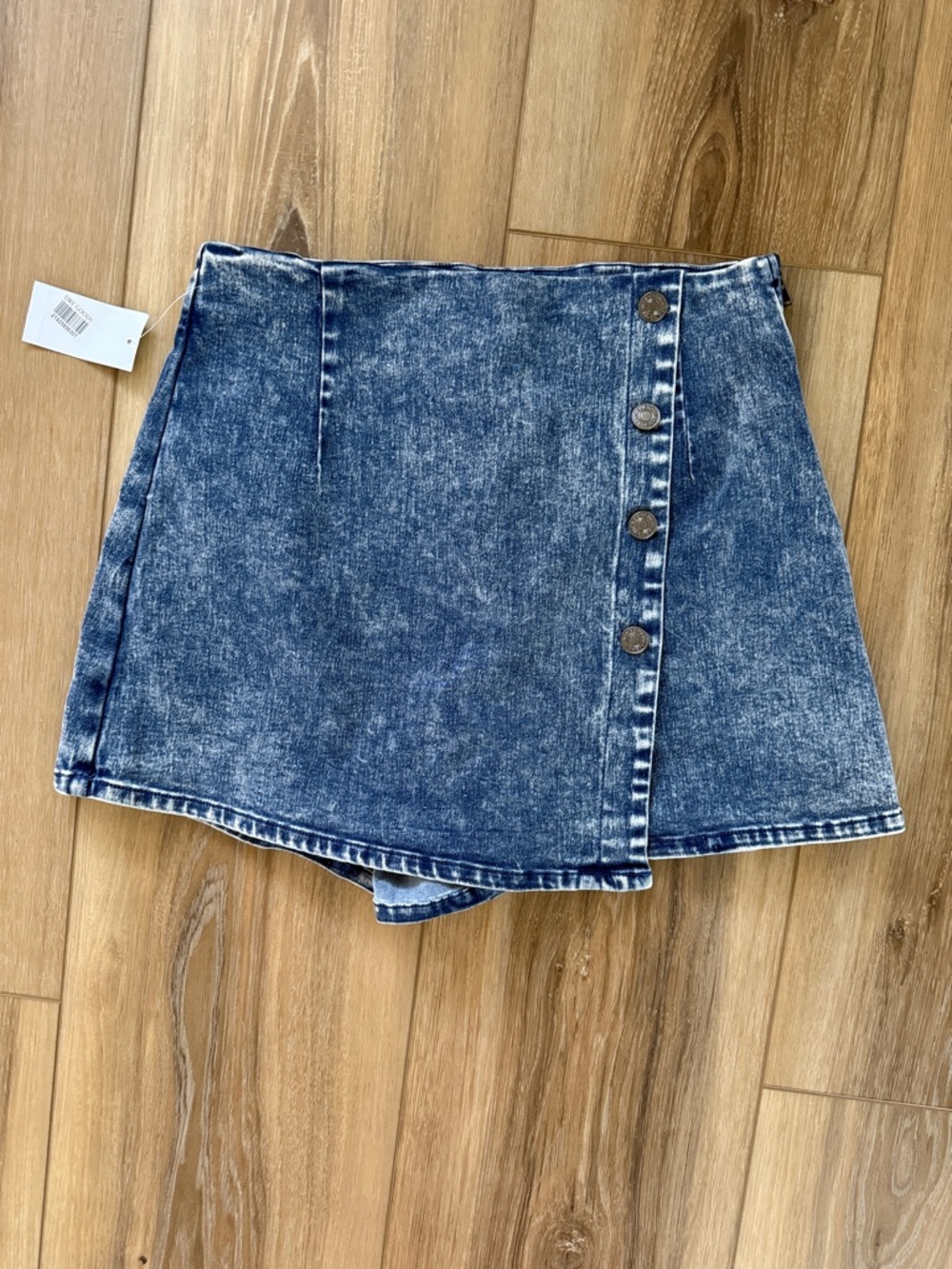 Dry Goods Washed Blue Denim Mini Skort with Side Button Detail